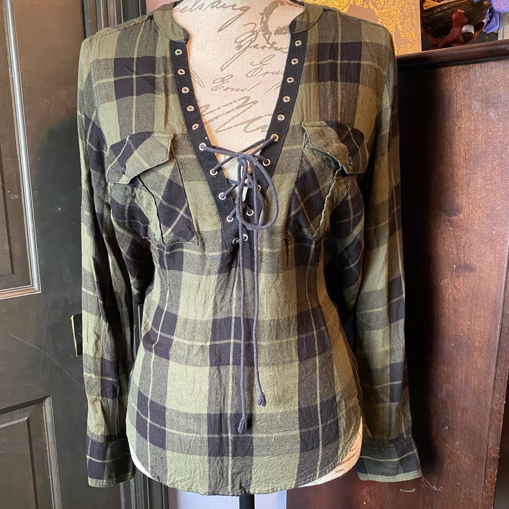 Express plaid lace-up blouse.